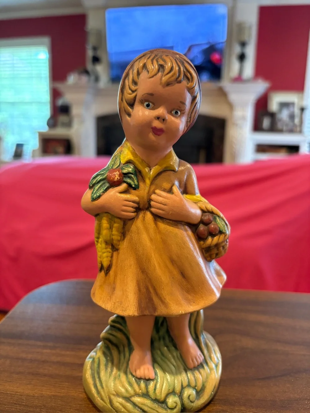Vintage chalkware figurine a girl holding produce 1970’s hand painted Forlkart.
